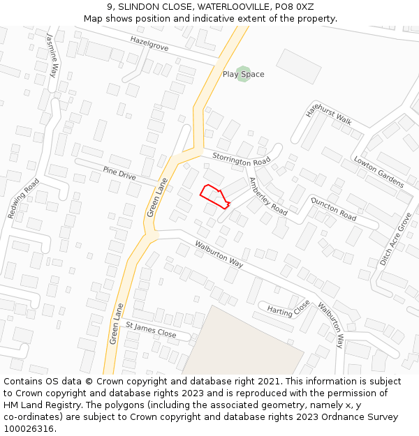 9, SLINDON CLOSE, WATERLOOVILLE, PO8 0XZ: Location map and indicative extent of plot