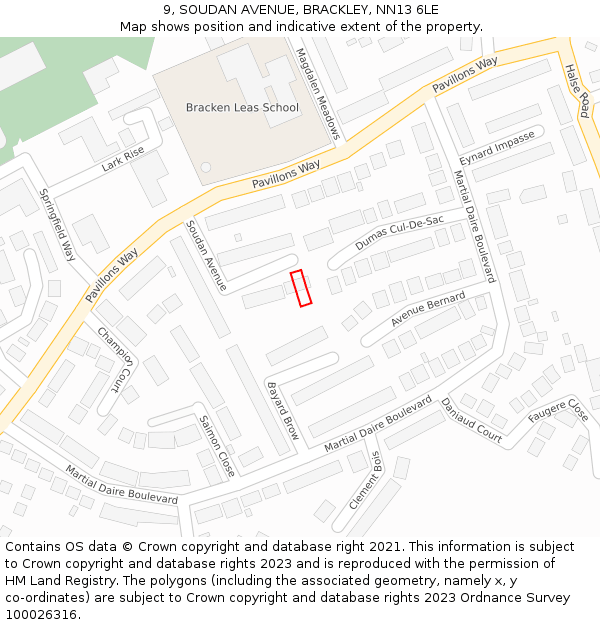 9, SOUDAN AVENUE, BRACKLEY, NN13 6LE: Location map and indicative extent of plot