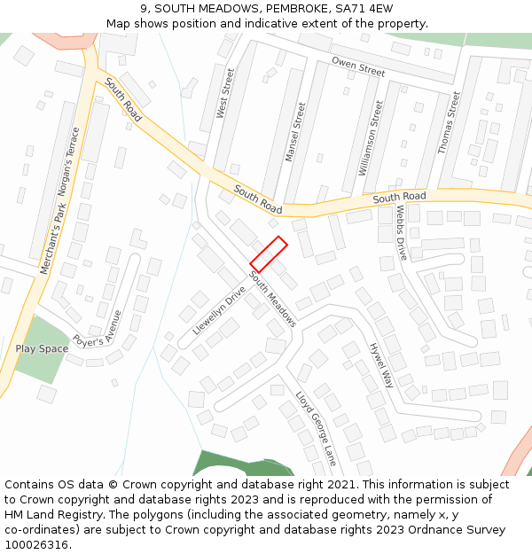 9, SOUTH MEADOWS, PEMBROKE, SA71 4EW: Location map and indicative extent of plot