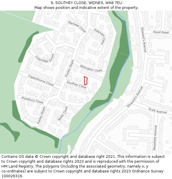 9, SOUTHEY CLOSE, WIDNES, WA8 7EU: Location map and indicative extent of plot