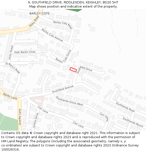 9, SOUTHFIELD DRIVE, RIDDLESDEN, KEIGHLEY, BD20 5HT: Location map and indicative extent of plot