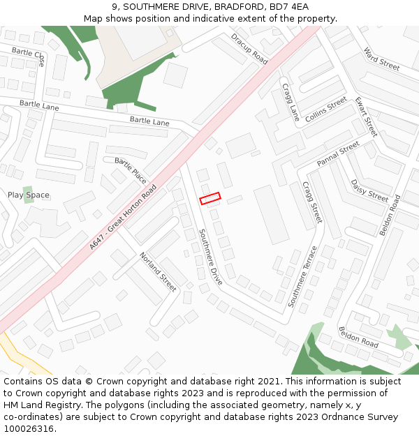 9, SOUTHMERE DRIVE, BRADFORD, BD7 4EA: Location map and indicative extent of plot