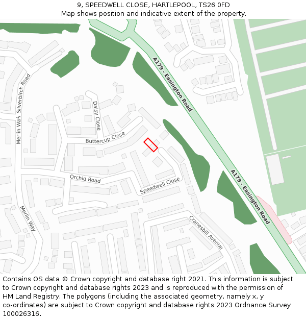 9, SPEEDWELL CLOSE, HARTLEPOOL, TS26 0FD: Location map and indicative extent of plot