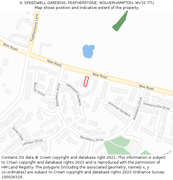 9, SPEEDWELL GARDENS, FEATHERSTONE, WOLVERHAMPTON, WV10 7TU: Location map and indicative extent of plot