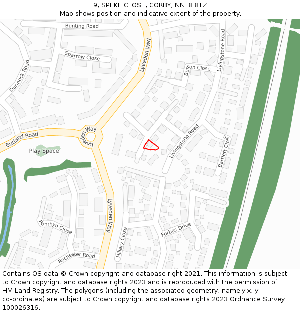 9, SPEKE CLOSE, CORBY, NN18 8TZ: Location map and indicative extent of plot