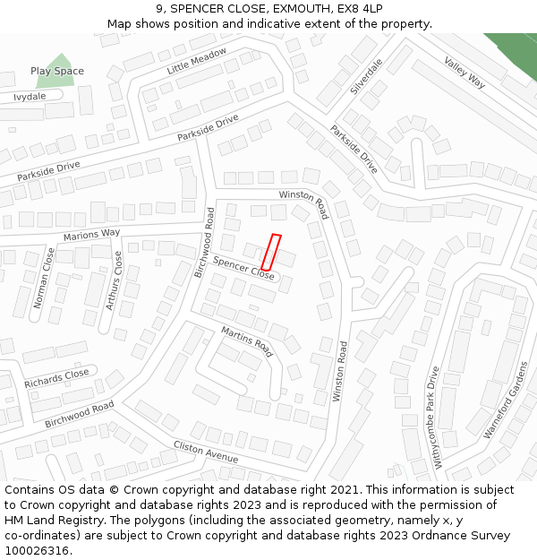 9, SPENCER CLOSE, EXMOUTH, EX8 4LP: Location map and indicative extent of plot