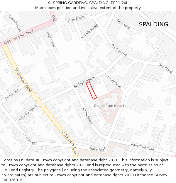 9, SPRING GARDENS, SPALDING, PE11 2XL: Location map and indicative extent of plot