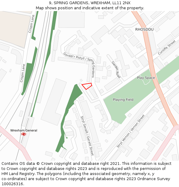 9, SPRING GARDENS, WREXHAM, LL11 2NX: Location map and indicative extent of plot