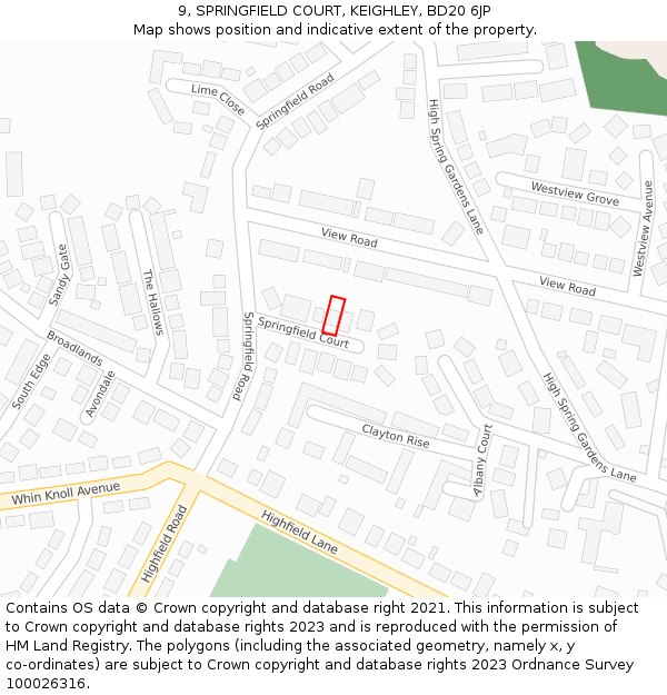 9, SPRINGFIELD COURT, KEIGHLEY, BD20 6JP: Location map and indicative extent of plot