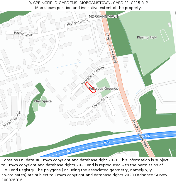 9, SPRINGFIELD GARDENS, MORGANSTOWN, CARDIFF, CF15 8LP: Location map and indicative extent of plot