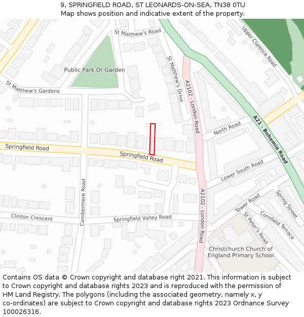 9, SPRINGFIELD ROAD, ST LEONARDS-ON-SEA, TN38 0TU: Location map and indicative extent of plot