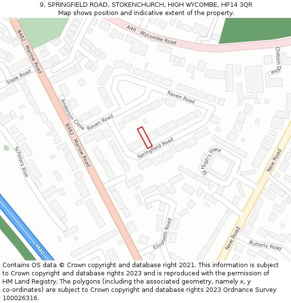 9, SPRINGFIELD ROAD, STOKENCHURCH, HIGH WYCOMBE, HP14 3QR: Location map and indicative extent of plot