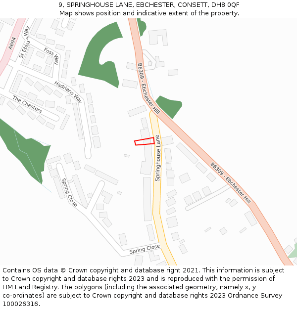 9, SPRINGHOUSE LANE, EBCHESTER, CONSETT, DH8 0QF: Location map and indicative extent of plot