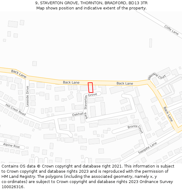 9, STAVERTON GROVE, THORNTON, BRADFORD, BD13 3TR: Location map and indicative extent of plot