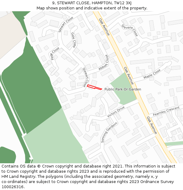 9, STEWART CLOSE, HAMPTON, TW12 3XJ: Location map and indicative extent of plot