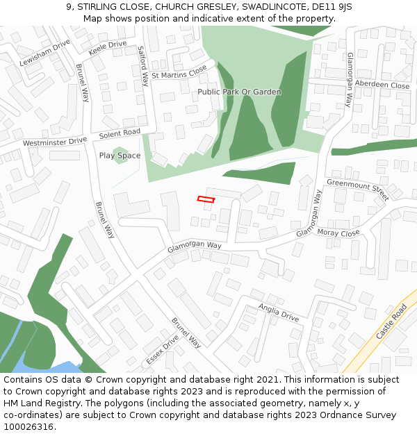 9, STIRLING CLOSE, CHURCH GRESLEY, SWADLINCOTE, DE11 9JS: Location map and indicative extent of plot