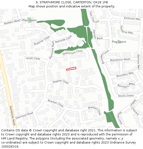 9, STRATHMORE CLOSE, CARTERTON, OX18 1FB: Location map and indicative extent of plot