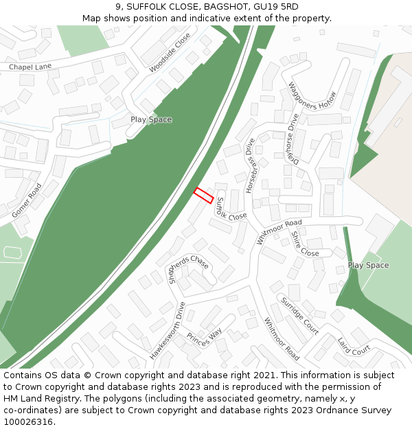 9, SUFFOLK CLOSE, BAGSHOT, GU19 5RD: Location map and indicative extent of plot