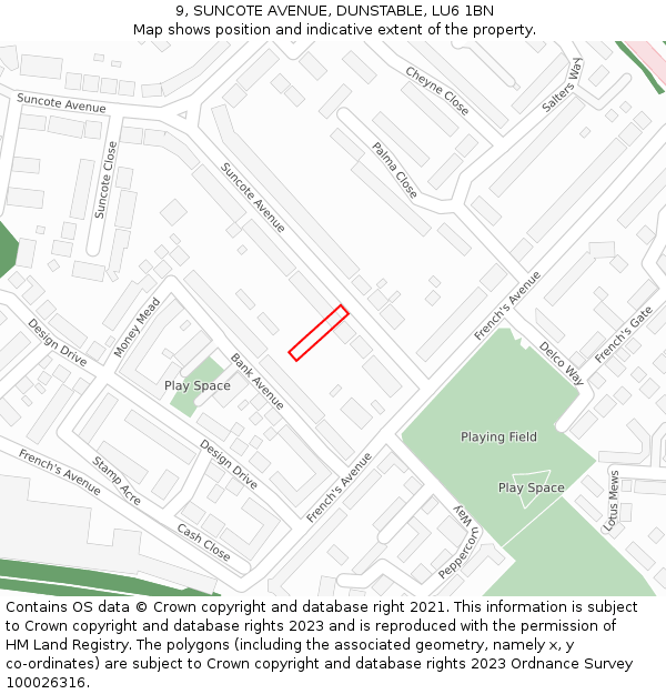 9, SUNCOTE AVENUE, DUNSTABLE, LU6 1BN: Location map and indicative extent of plot