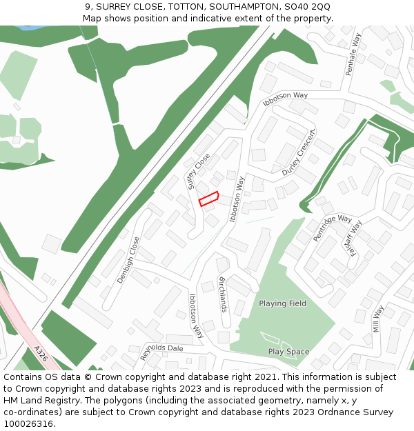 9, SURREY CLOSE, TOTTON, SOUTHAMPTON, SO40 2QQ: Location map and indicative extent of plot