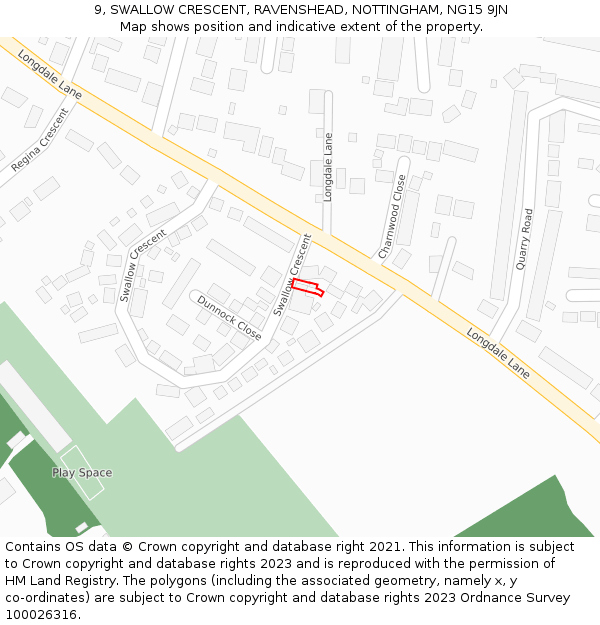 9, SWALLOW CRESCENT, RAVENSHEAD, NOTTINGHAM, NG15 9JN: Location map and indicative extent of plot