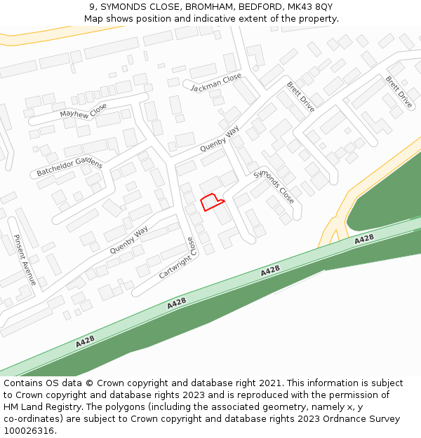 9, SYMONDS CLOSE, BROMHAM, BEDFORD, MK43 8QY: Location map and indicative extent of plot