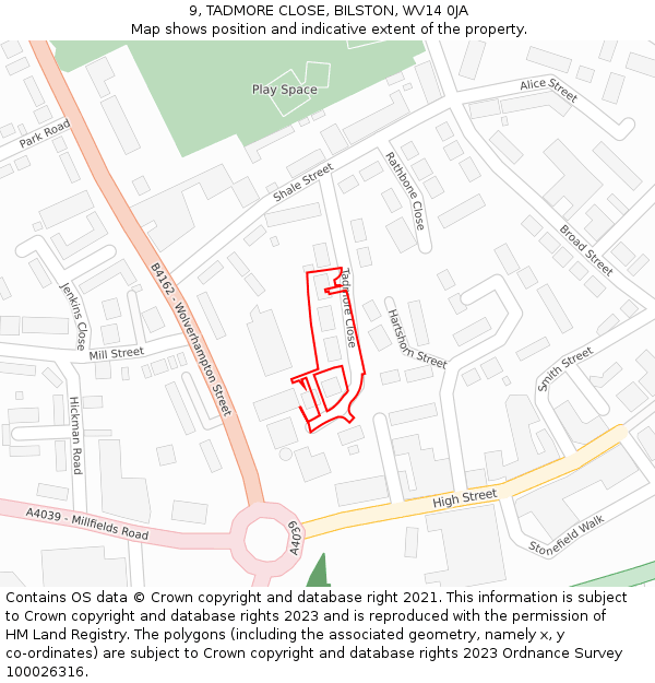 9, TADMORE CLOSE, BILSTON, WV14 0JA: Location map and indicative extent of plot