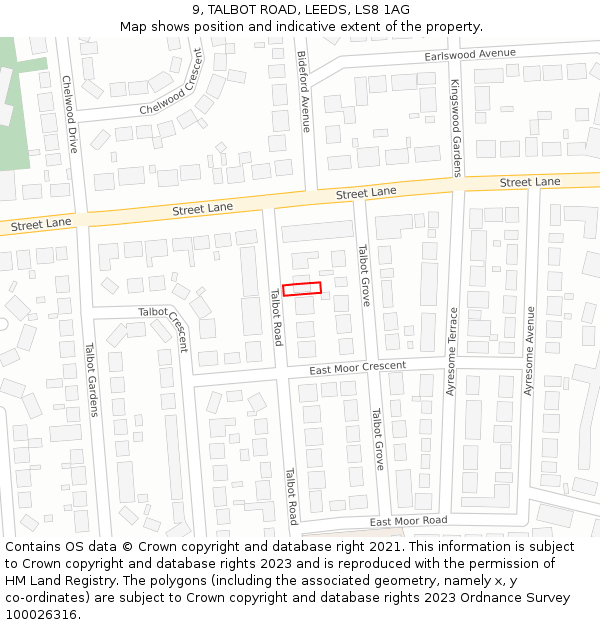 9, TALBOT ROAD, LEEDS, LS8 1AG: Location map and indicative extent of plot