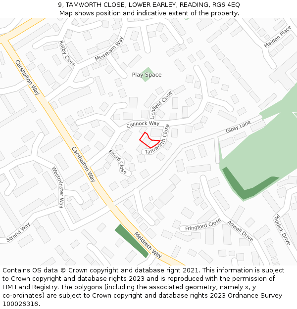 9, TAMWORTH CLOSE, LOWER EARLEY, READING, RG6 4EQ: Location map and indicative extent of plot