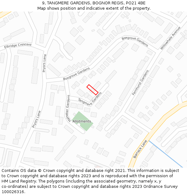 9, TANGMERE GARDENS, BOGNOR REGIS, PO21 4BE: Location map and indicative extent of plot