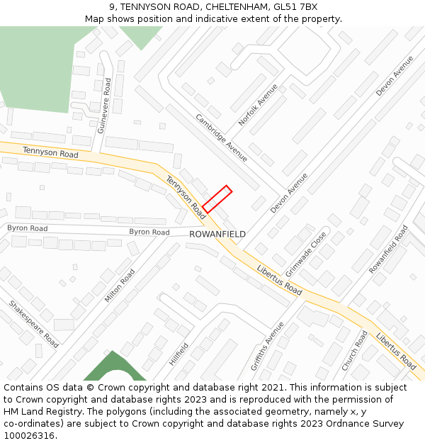 9, TENNYSON ROAD, CHELTENHAM, GL51 7BX: Location map and indicative extent of plot