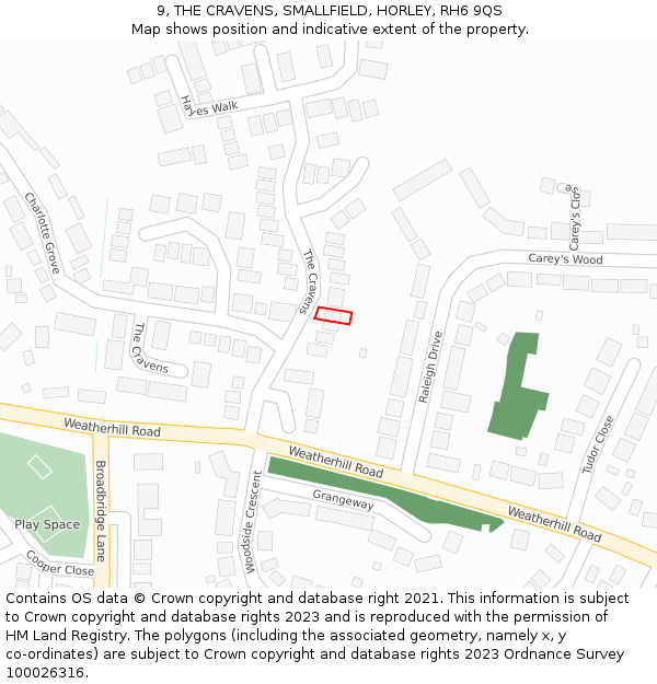 9, THE CRAVENS, SMALLFIELD, HORLEY, RH6 9QS: Location map and indicative extent of plot