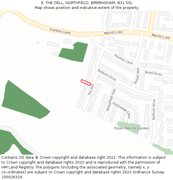 9, THE DELL, NORTHFIELD, BIRMINGHAM, B31 5SL: Location map and indicative extent of plot