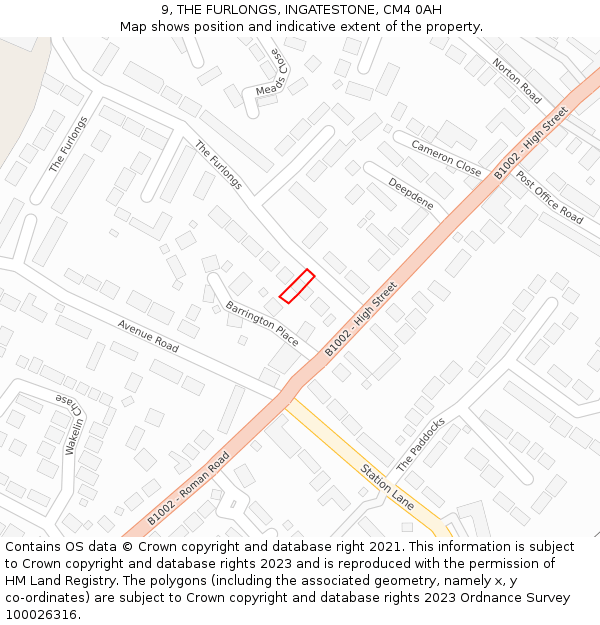 9, THE FURLONGS, INGATESTONE, CM4 0AH: Location map and indicative extent of plot