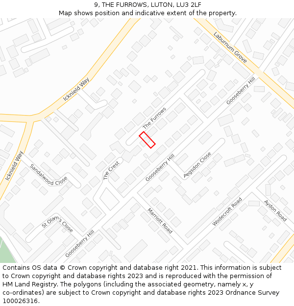 9, THE FURROWS, LUTON, LU3 2LF: Location map and indicative extent of plot