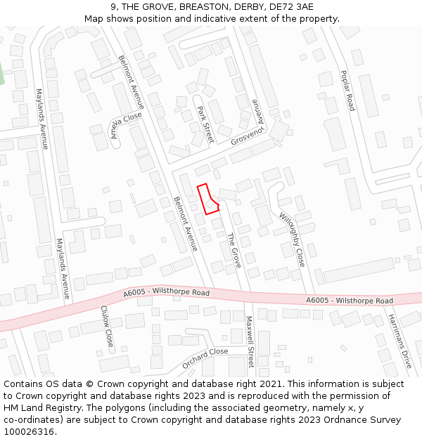 9, THE GROVE, BREASTON, DERBY, DE72 3AE: Location map and indicative extent of plot