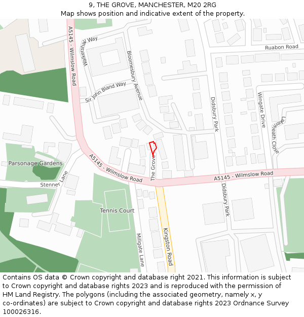 9, THE GROVE, MANCHESTER, M20 2RG: Location map and indicative extent of plot