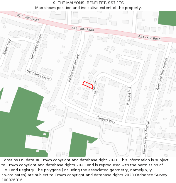 9, THE MALYONS, BENFLEET, SS7 1TS: Location map and indicative extent of plot