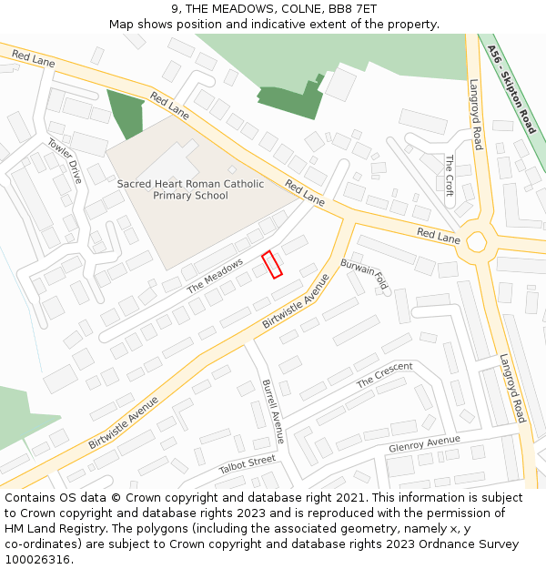 9, THE MEADOWS, COLNE, BB8 7ET: Location map and indicative extent of plot