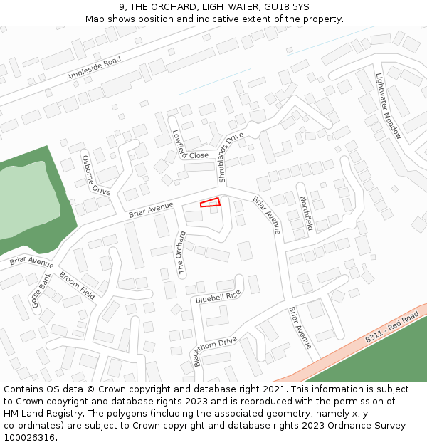 9, THE ORCHARD, LIGHTWATER, GU18 5YS: Location map and indicative extent of plot