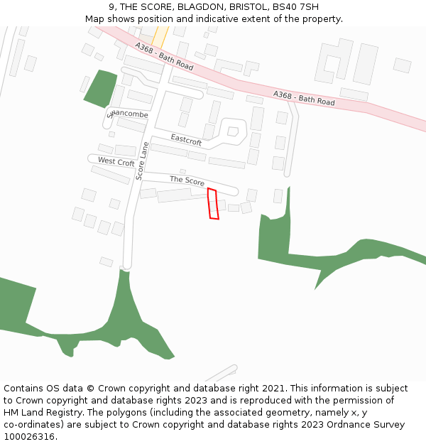 9, THE SCORE, BLAGDON, BRISTOL, BS40 7SH: Location map and indicative extent of plot