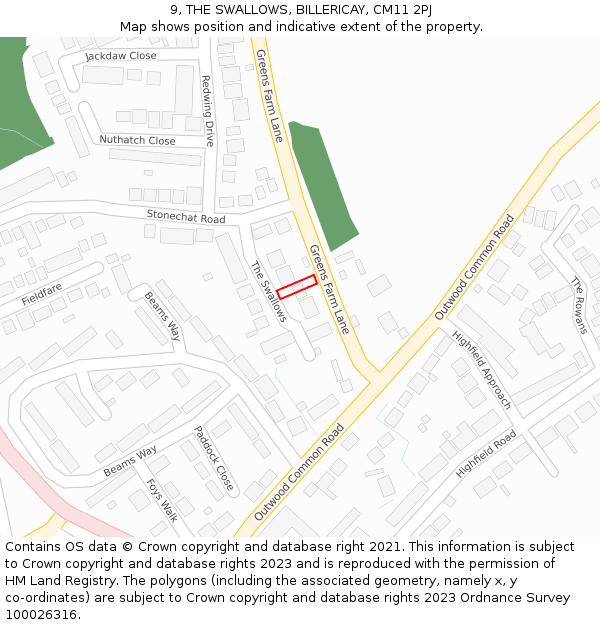 9, THE SWALLOWS, BILLERICAY, CM11 2PJ: Location map and indicative extent of plot