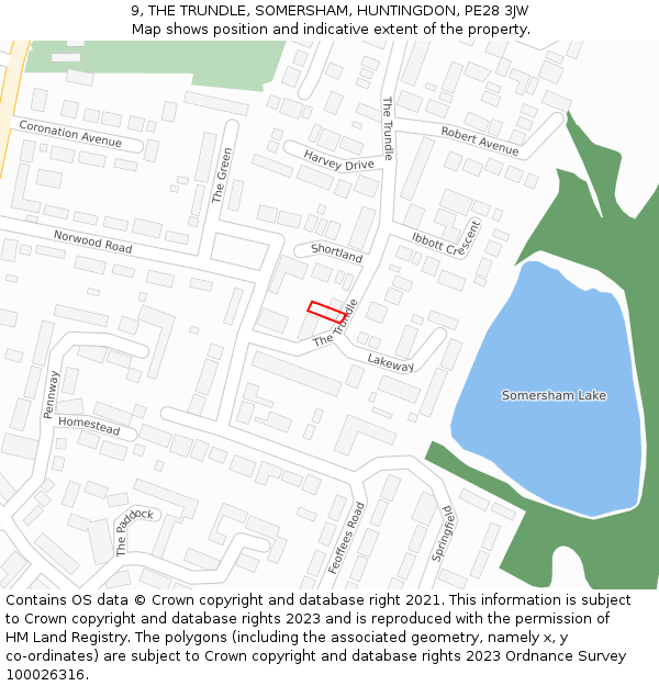 9, THE TRUNDLE, SOMERSHAM, HUNTINGDON, PE28 3JW: Location map and indicative extent of plot
