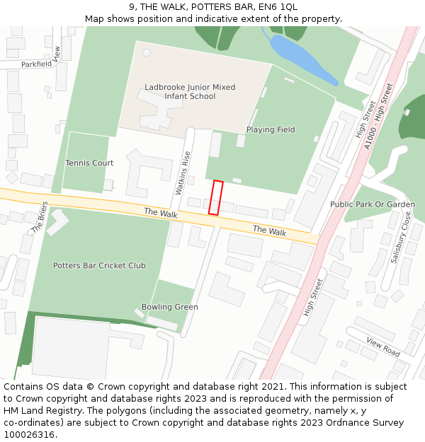 9, THE WALK, POTTERS BAR, EN6 1QL: Location map and indicative extent of plot