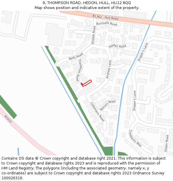 9, THOMPSON ROAD, HEDON, HULL, HU12 8QQ: Location map and indicative extent of plot