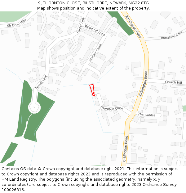 9, THORNTON CLOSE, BILSTHORPE, NEWARK, NG22 8TG: Location map and indicative extent of plot
