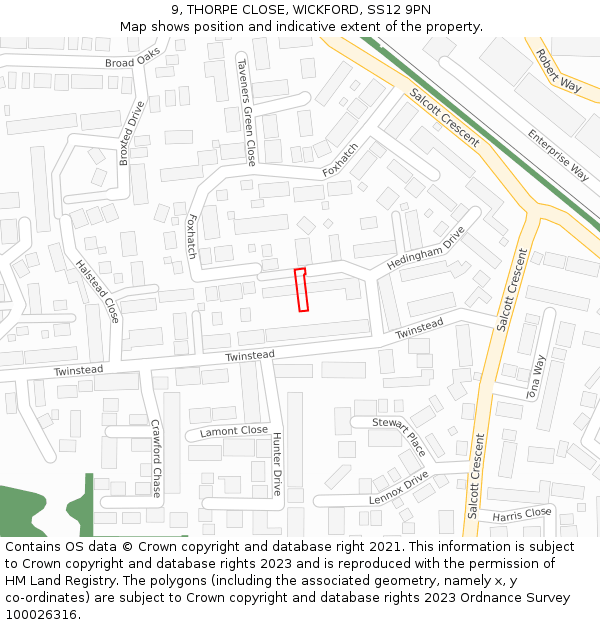 9, THORPE CLOSE, WICKFORD, SS12 9PN: Location map and indicative extent of plot