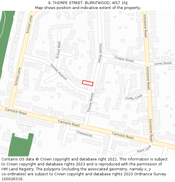 9, THORPE STREET, BURNTWOOD, WS7 1NJ: Location map and indicative extent of plot