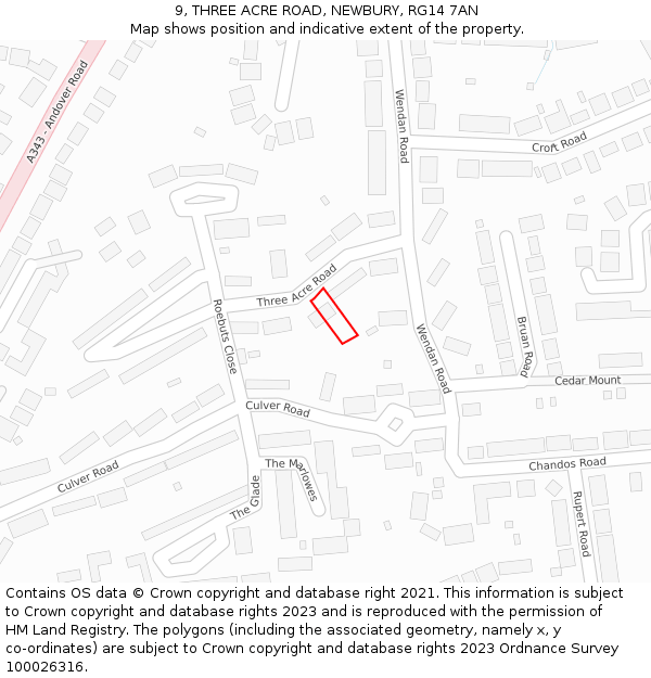 9, THREE ACRE ROAD, NEWBURY, RG14 7AN: Location map and indicative extent of plot