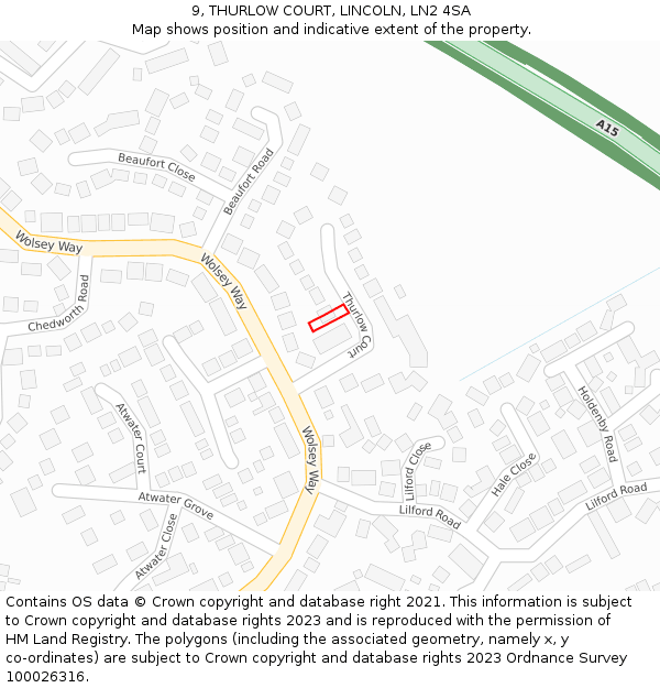 9, THURLOW COURT, LINCOLN, LN2 4SA: Location map and indicative extent of plot